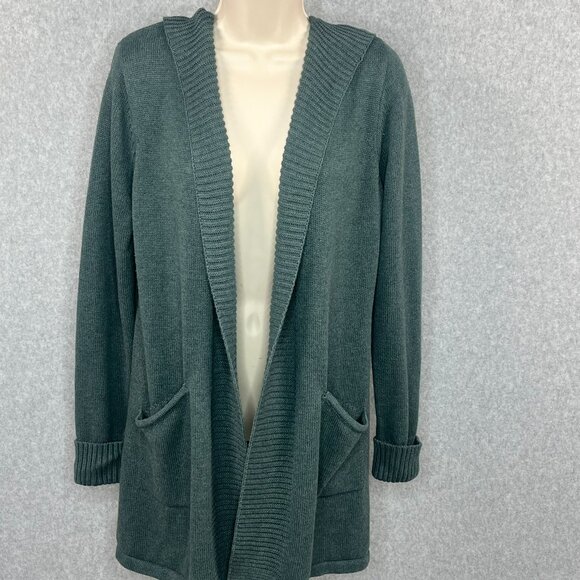 Tahari Open Front Cardigan Sweater Duster Hood Medium Green Cotton Blend Pockets - Picture 1 of 11
